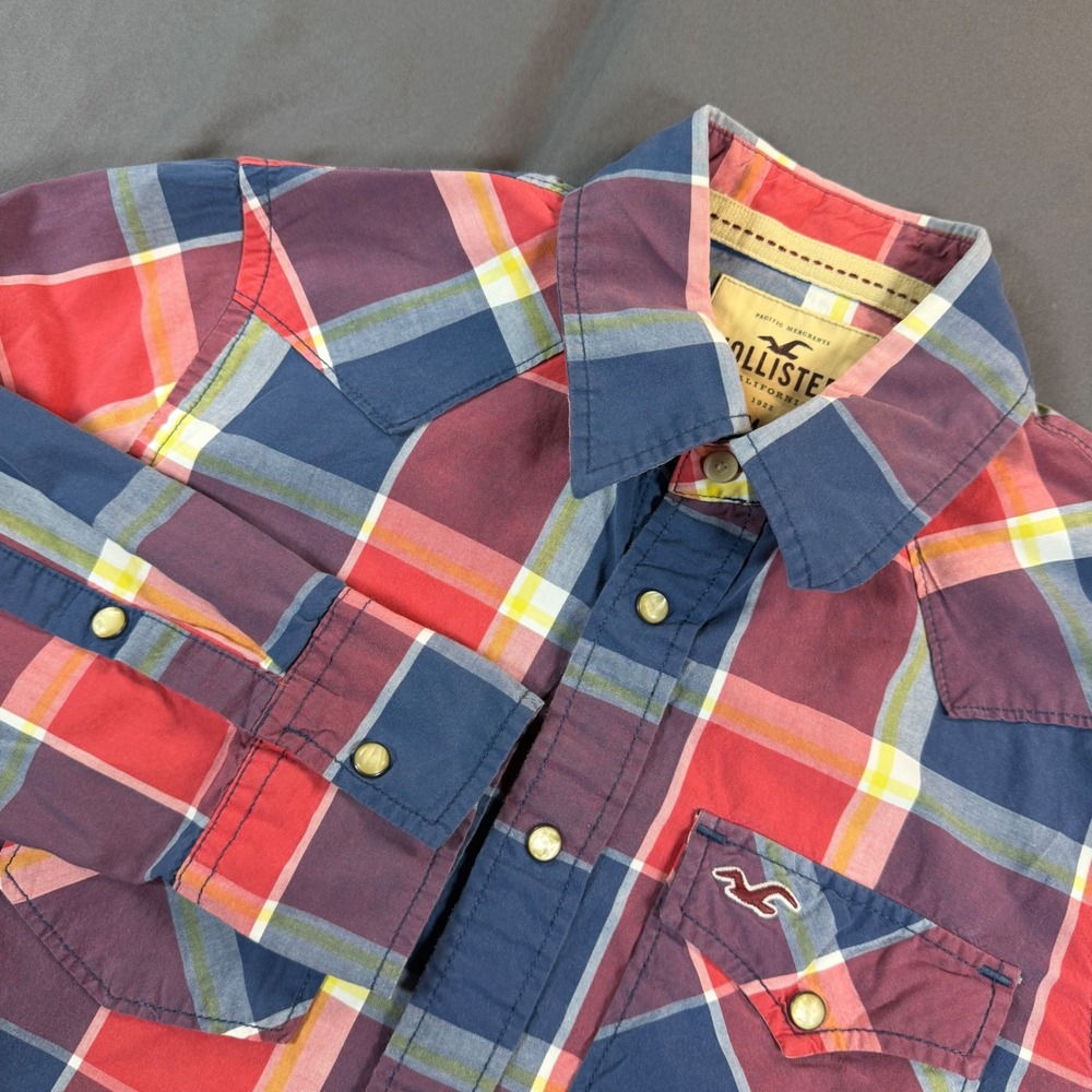 Hollister Mens Medium Plaid Western Snap Button Down Shirt Red Blue Y2K Preppy